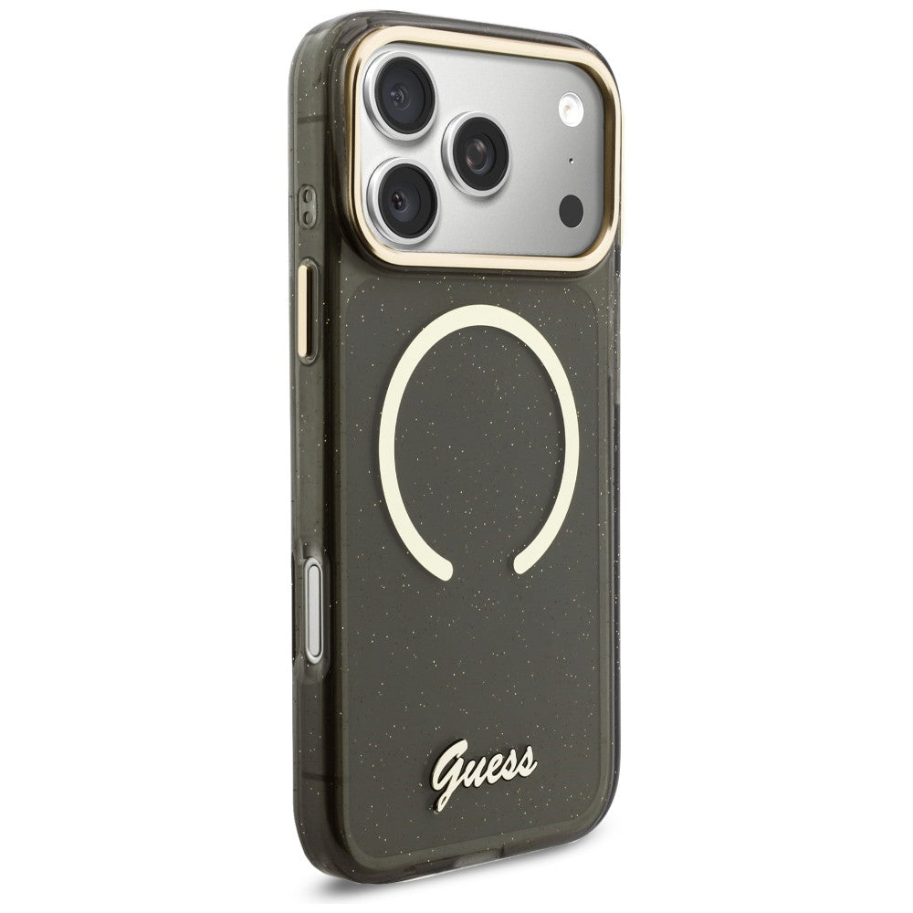 Étui MagSafe pour Apple iPhone 17 Pro Max, Guess, IML Glitter Script Strap, Noir
