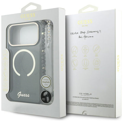 Étui MagSafe pour Apple iPhone 17 Pro Max, Guess, IML Glitter Script Strap, Noir