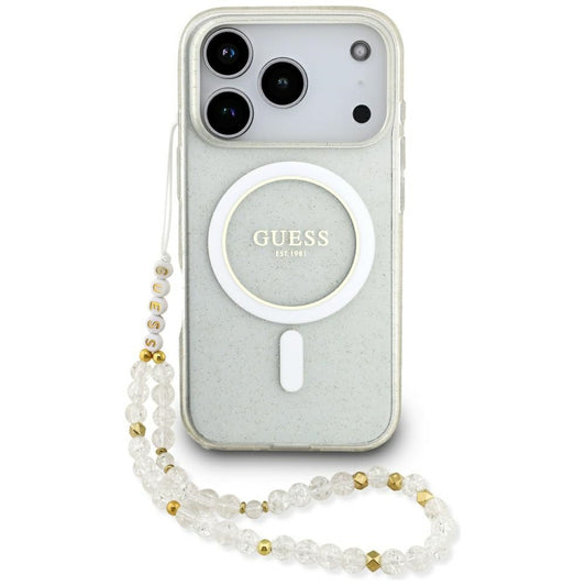 MagSafe hoesje voor Apple iPhone 17 Pro Max, Guess, IML Glitter met Parelband, Transparant
