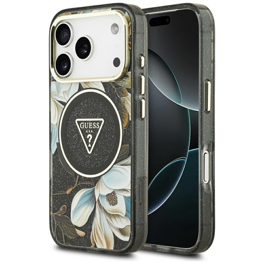 Coque MagSafe pour Apple iPhone 17 Pro Max, Guess, IML Metal Glitter Flowers Triangle, Noire