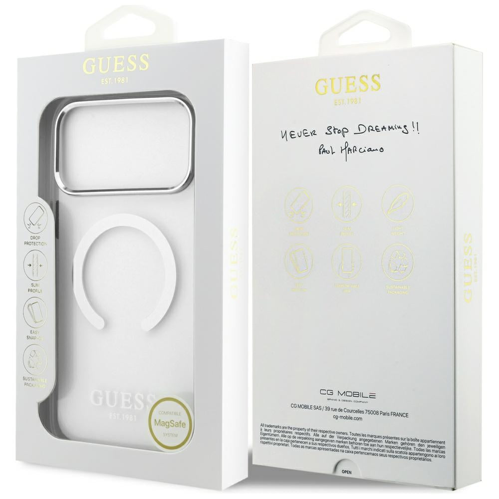 Coque MagSafe pour Apple iPhone 17 Pro Max, Guess, Contour Métallique, Argentée