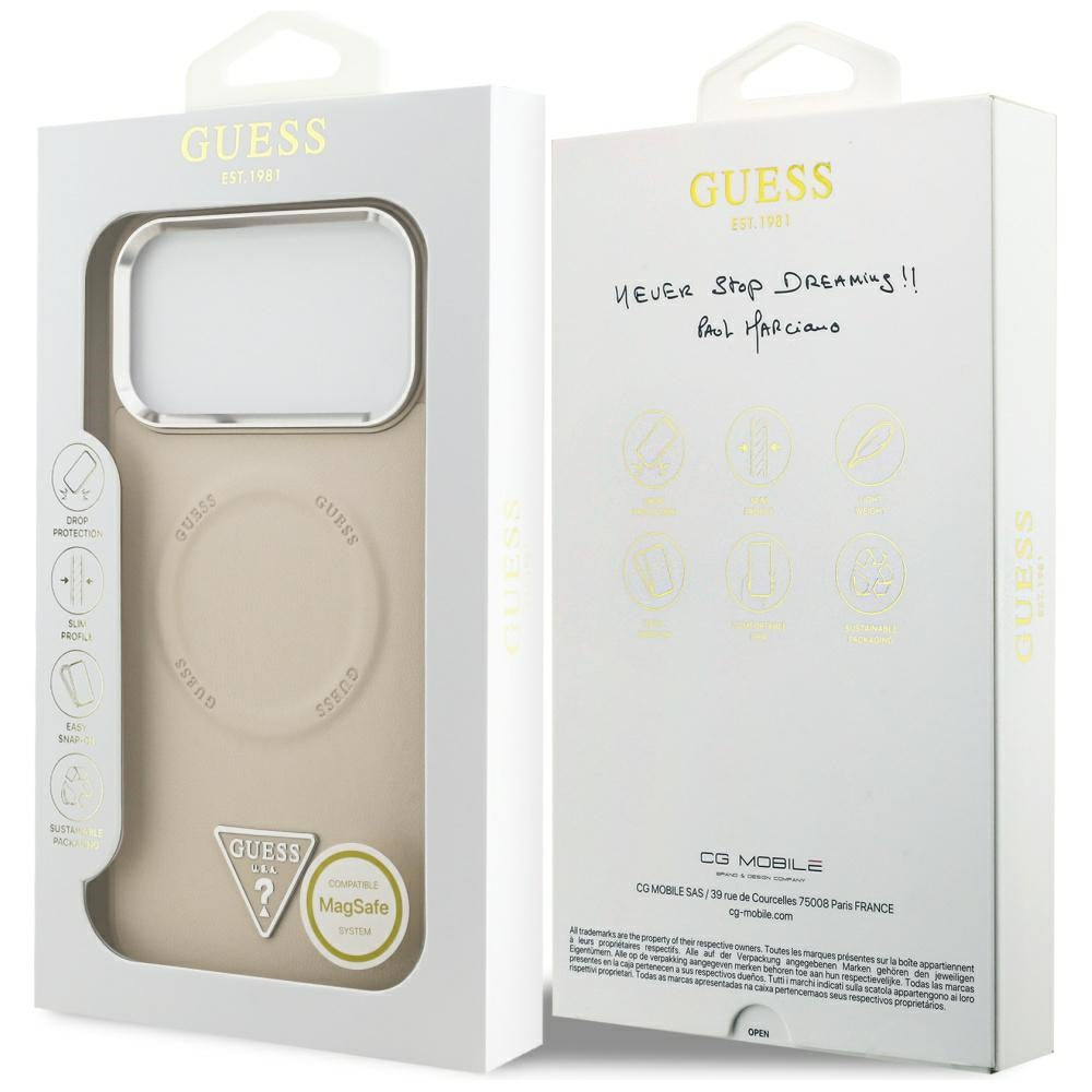 Étui MagSafe pour Apple iPhone 17 Pro Max, Guess, Logo Triangle, Beige Argenté