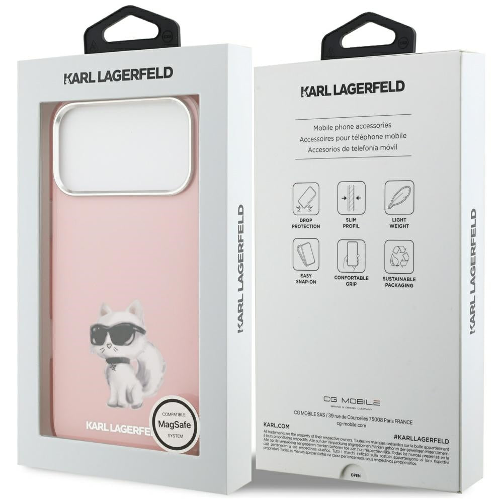 MagSafe Hülle für Apple iPhone 17 Pro Max, Karl Lagerfeld, IML Aquarelle Logo Choupette, Rosa