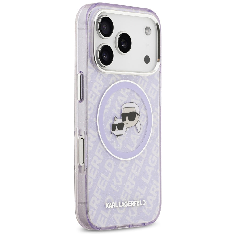 Étui MagSafe pour Apple iPhone 17 Pro Max, Karl Lagerfeld, IML Glitter Karl & Choupette's Heads, Violet
