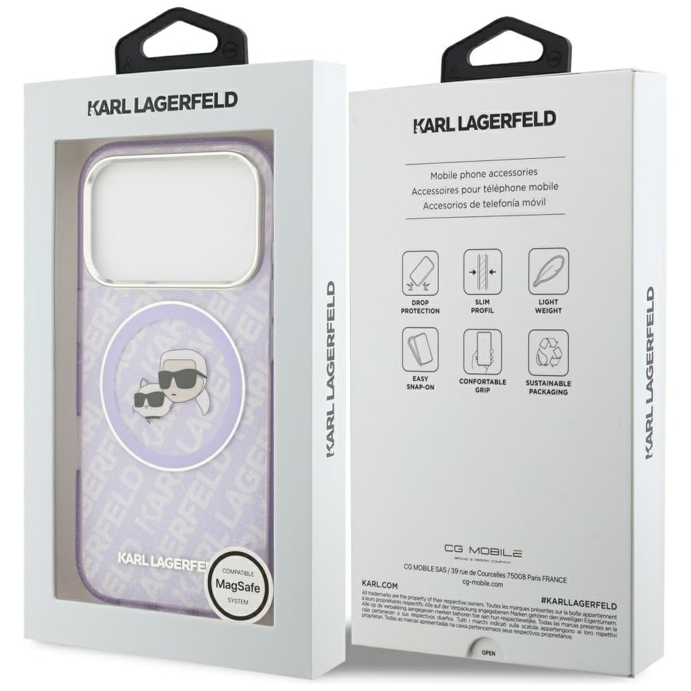 Étui MagSafe pour Apple iPhone 17 Pro Max, Karl Lagerfeld, IML Glitter Karl & Choupette's Heads, Violet