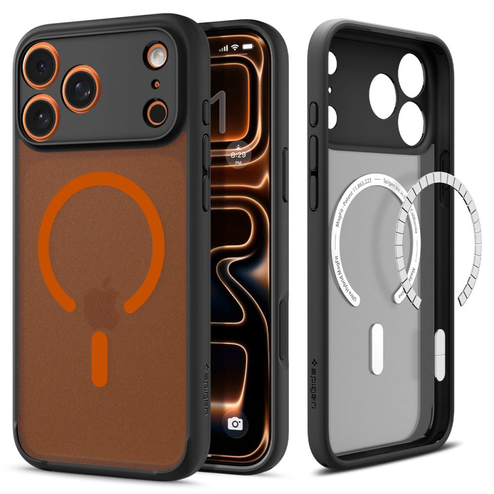 Coque MagSafe pour Apple iPhone 17 Pro, Spigen, Ultra Hybrid, Noire Orange Satinée