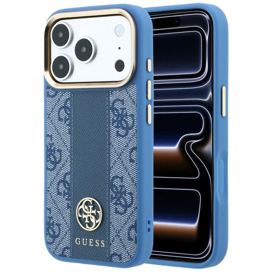 Coque MagSafe pour Apple iPhone 18 Pro / 17 Pro, Guess, Logo Classique Rond 4G Rayé, Bleue