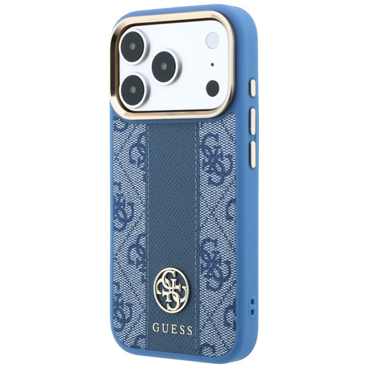 Coque MagSafe pour Apple iPhone 18 Pro / 17 Pro, Guess, Logo Classique Rond 4G Rayé, Bleue