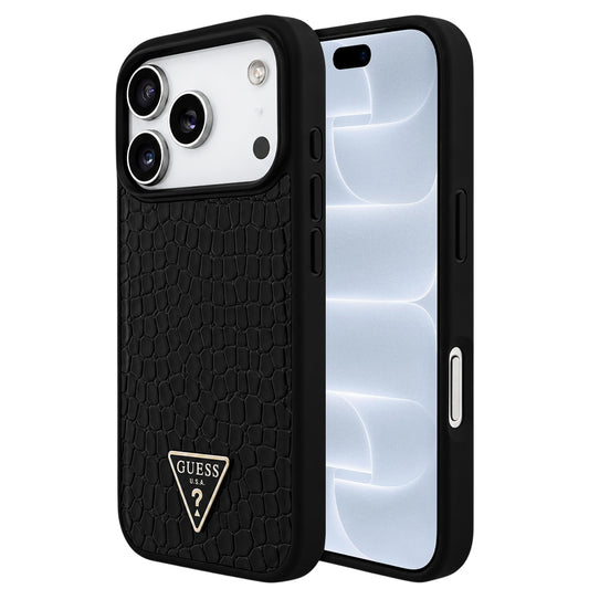 MagSafe-hoesje voor Apple iPhone 18 Pro / 17 Pro, Guess, Croco Triangle Logo, zwart