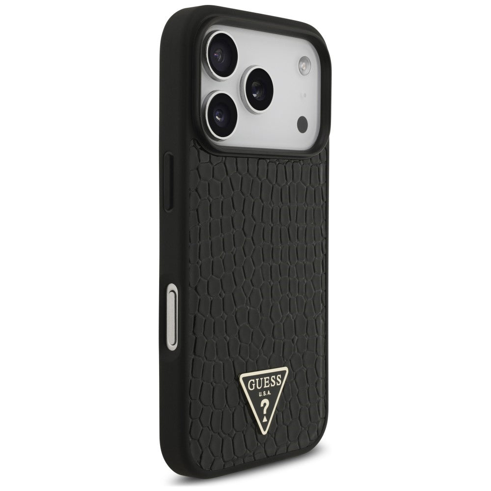 Coque MagSafe pour Apple iPhone 18 Pro / 17 Pro, Guess, Croco Triangle Logo, noire