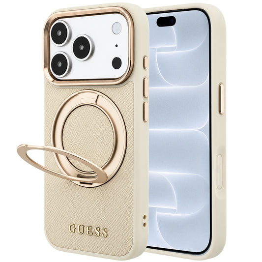 MagSafe-hoesje voor Apple iPhone 18 Pro / 17 Pro, Guess, Grained Ring Stand 360 Classic, Beige