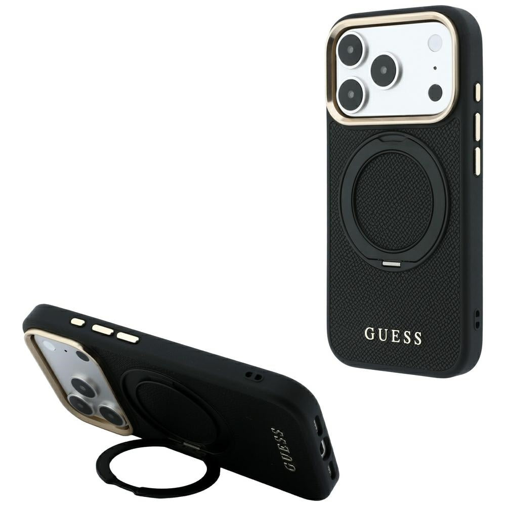 MagSafe-hoesje voor Apple iPhone 18 Pro / 17 Pro, Guess, Grained Ring Stand 360 Classic, zwart