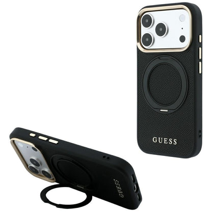 MagSafe-hoesje voor Apple iPhone 18 Pro / 17 Pro, Guess, Grained Ring Stand 360 Classic, zwart