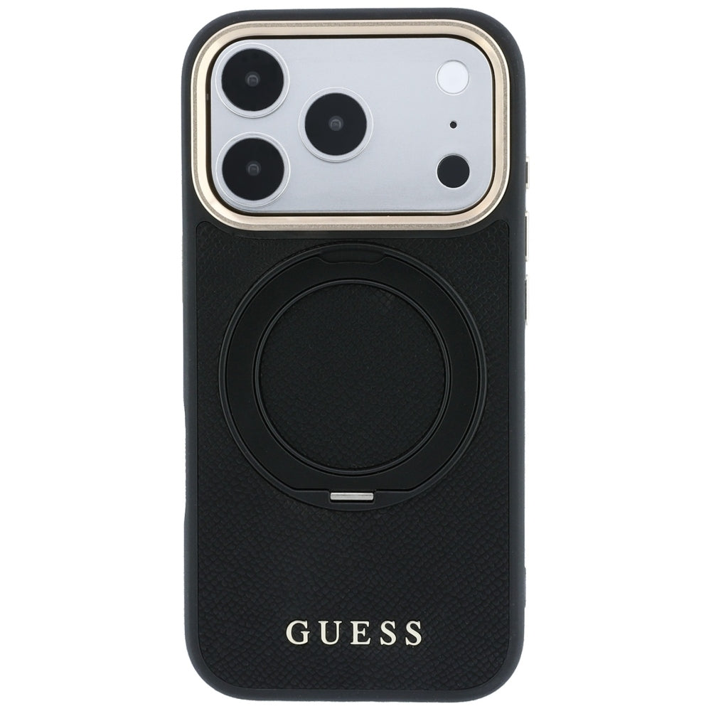 MagSafe-hoesje voor Apple iPhone 18 Pro / 17 Pro, Guess, Grained Ring Stand 360 Classic, zwart