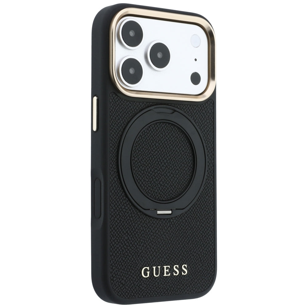 MagSafe-hoesje voor Apple iPhone 18 Pro / 17 Pro, Guess, Grained Ring Stand 360 Classic, zwart