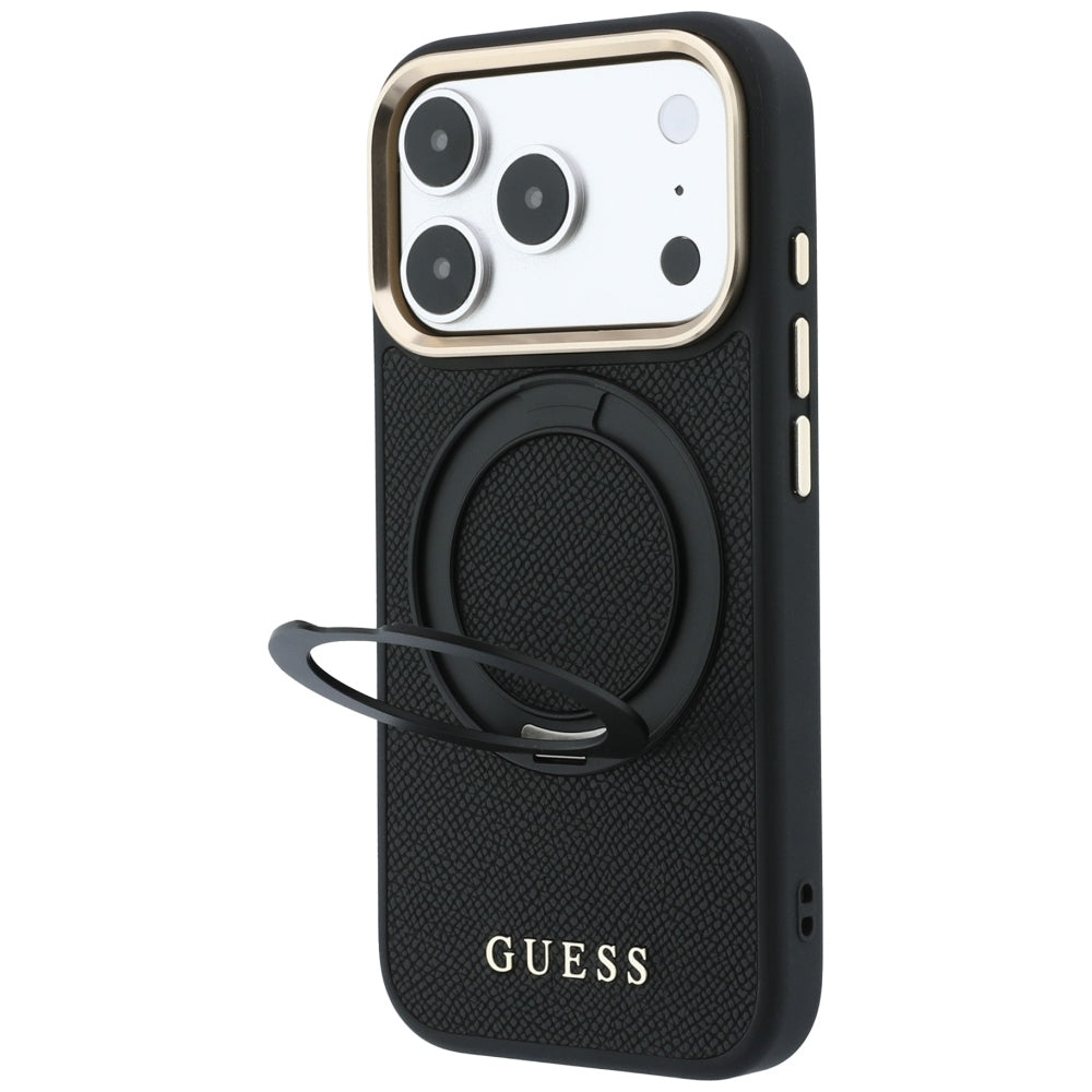 MagSafe-hoesje voor Apple iPhone 18 Pro / 17 Pro, Guess, Grained Ring Stand 360 Classic, zwart