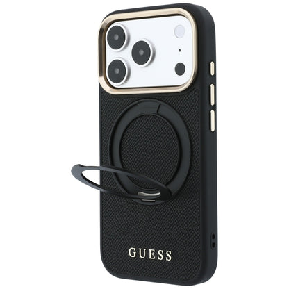 MagSafe-hoesje voor Apple iPhone 18 Pro / 17 Pro, Guess, Grained Ring Stand 360 Classic, zwart