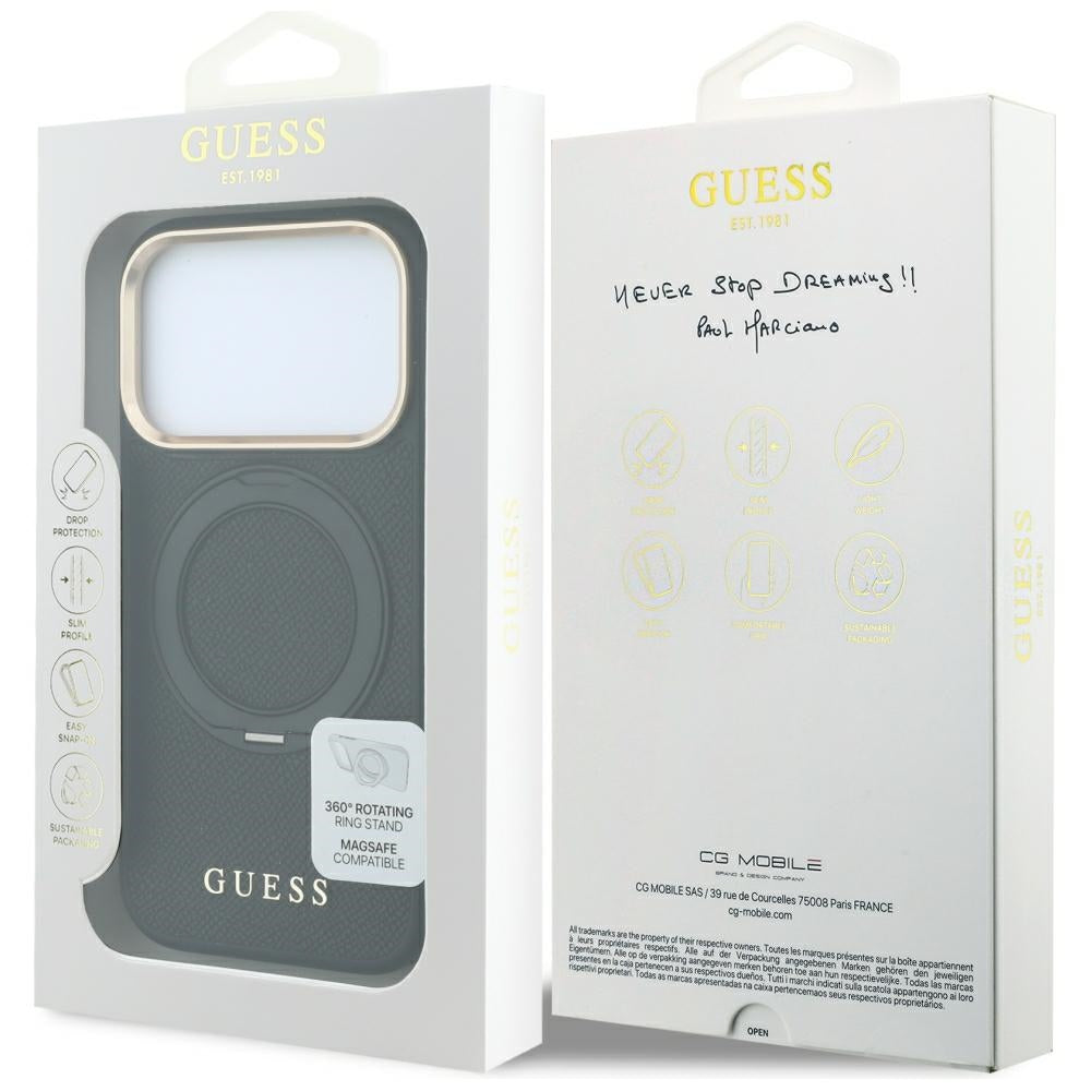 MagSafe-hoesje voor Apple iPhone 18 Pro / 17 Pro, Guess, Grained Ring Stand 360 Classic, zwart