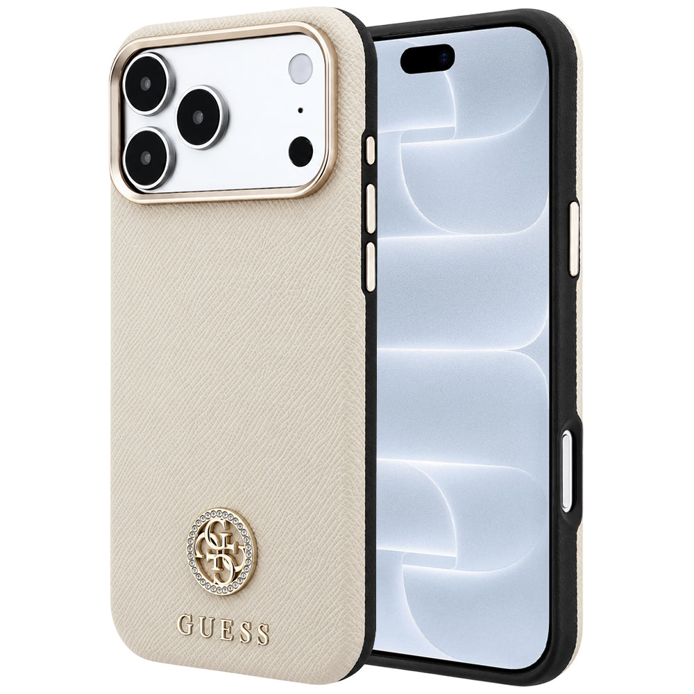 Coque MagSafe pour Apple iPhone 18 Pro / 17 Pro, Guess, Logo Strass Rond Grainé, Beige
