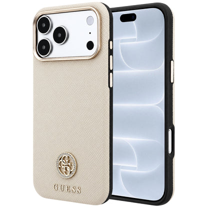 Coque MagSafe pour Apple iPhone 18 Pro / 17 Pro, Guess, Logo Strass Rond Grainé, Beige