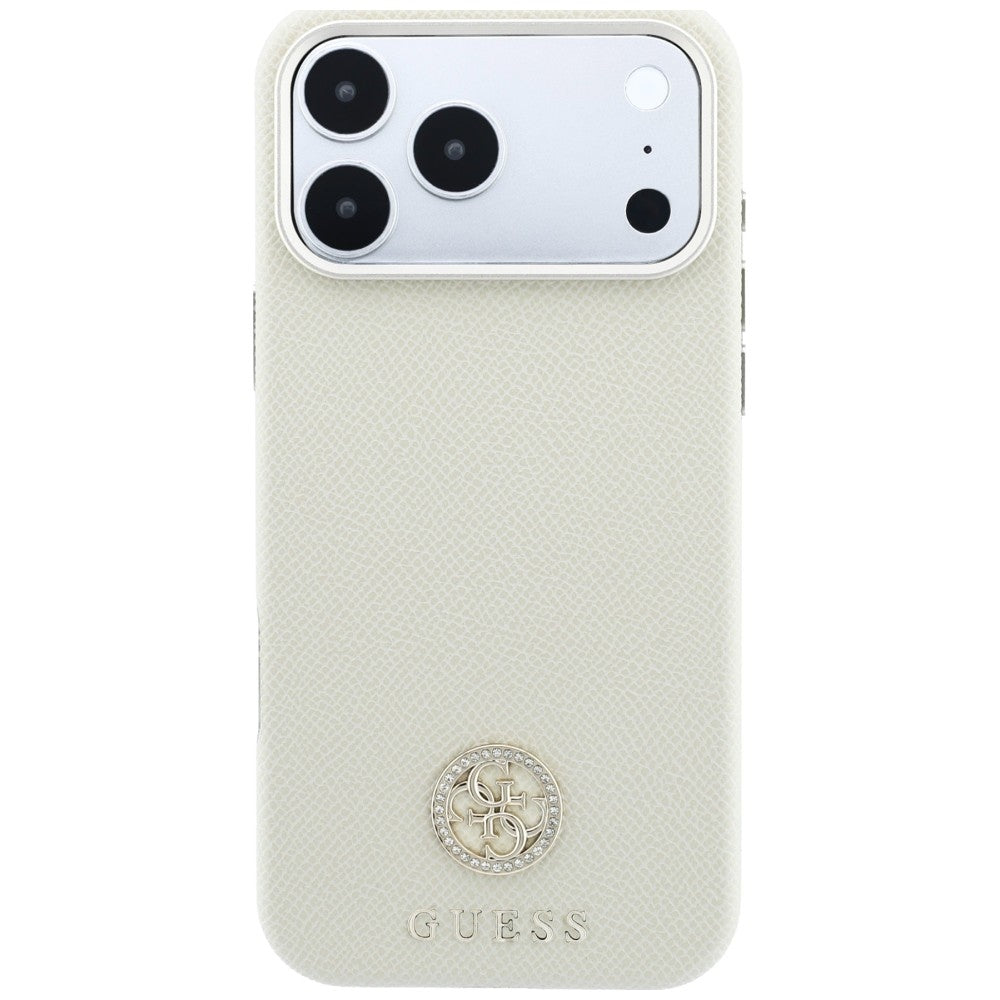 Coque MagSafe pour Apple iPhone 18 Pro / 17 Pro, Guess, Logo Strass Rond Grainé, Beige