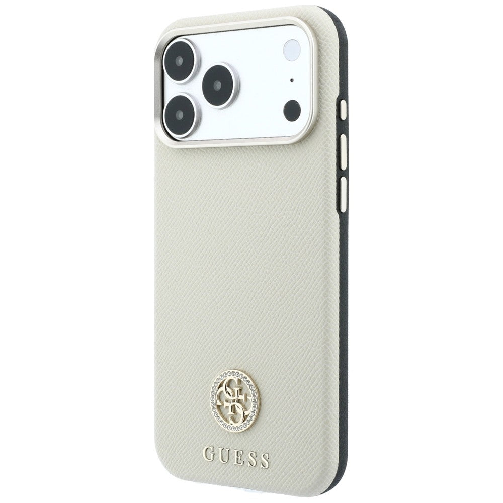 Coque MagSafe pour Apple iPhone 18 Pro / 17 Pro, Guess, Logo Strass Rond Grainé, Beige