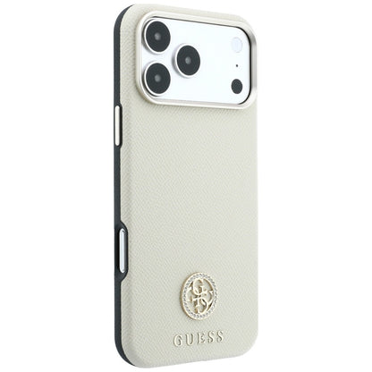 Coque MagSafe pour Apple iPhone 18 Pro / 17 Pro, Guess, Logo Strass Rond Grainé, Beige