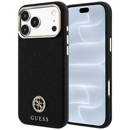 Coque MagSafe pour Apple iPhone 18 Pro / 17 Pro, Guess, Logo Strass Rond Grainé, Noire
