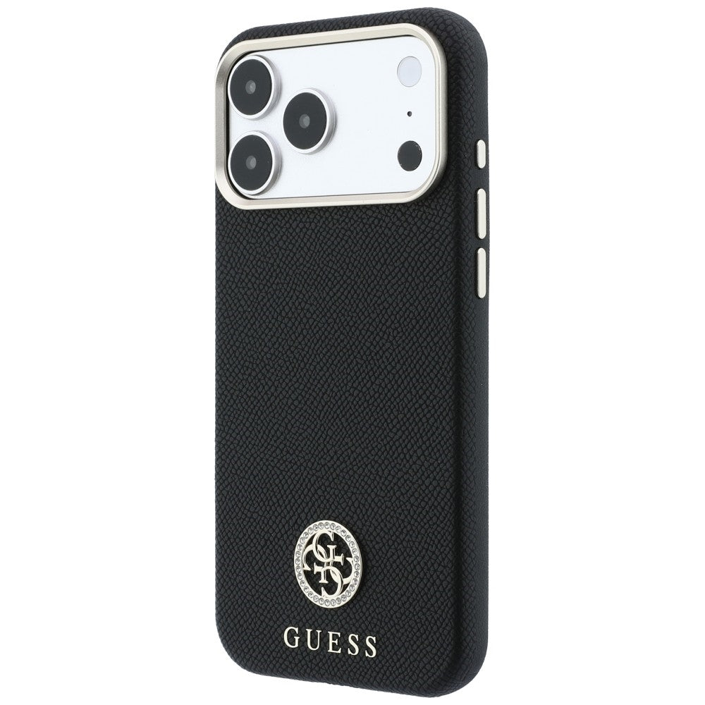 Coque MagSafe pour Apple iPhone 18 Pro / 17 Pro, Guess, Logo Strass Rond Grainé, Noire