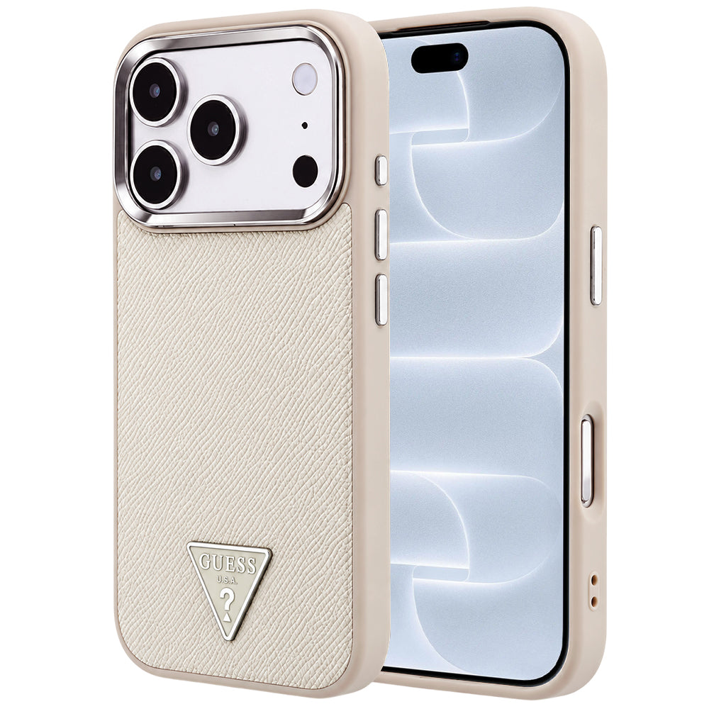MagSafe-hoesje voor Apple iPhone 18 Pro / 17 Pro, Guess, Gegranuleerd Driehoek Logo, Beige
