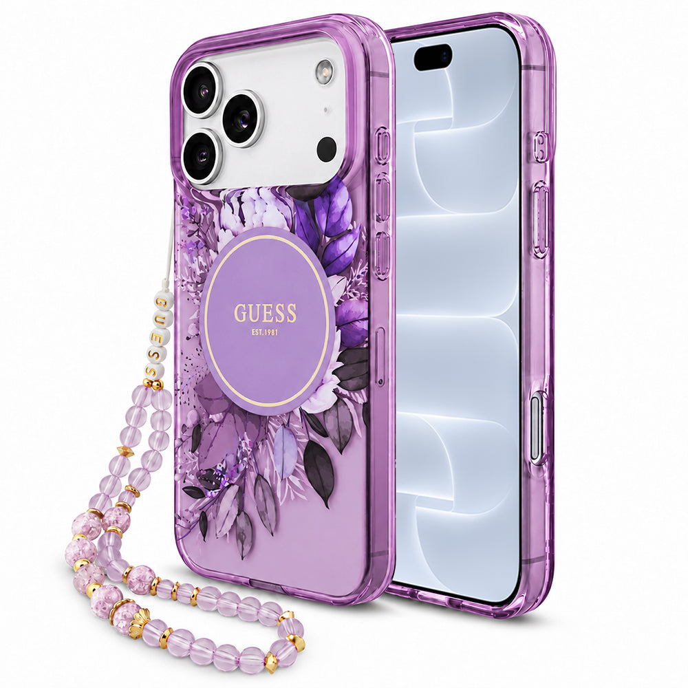 MagSafe-hoesje voor Apple iPhone 18 Pro / 17 Pro, Guess, IML Flowers with Pearl Strap, paars