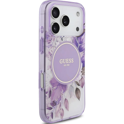 MagSafe-hoesje voor Apple iPhone 18 Pro / 17 Pro, Guess, IML Flowers with Pearl Strap, paars