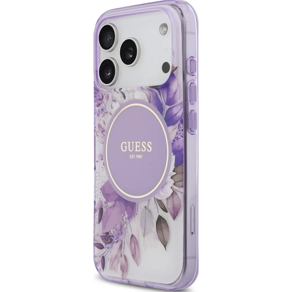 MagSafe-hoesje voor Apple iPhone 18 Pro / 17 Pro, Guess, IML Flowers with Pearl Strap, paars