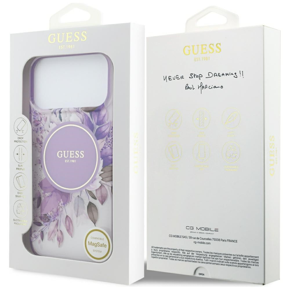 MagSafe-hoesje voor Apple iPhone 18 Pro / 17 Pro, Guess, IML Flowers with Pearl Strap, paars