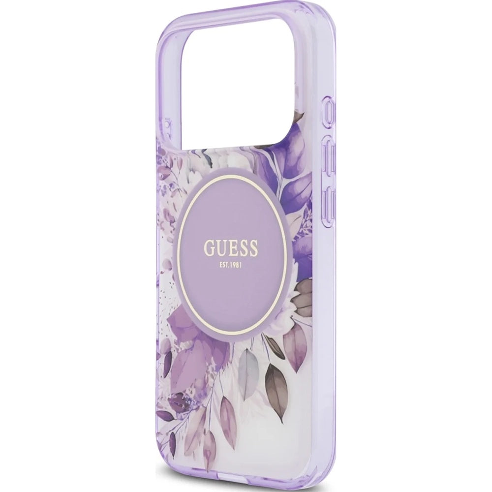 MagSafe-hoesje voor Apple iPhone 18 Pro / 17 Pro, Guess, IML Flowers with Pearl Strap, paars