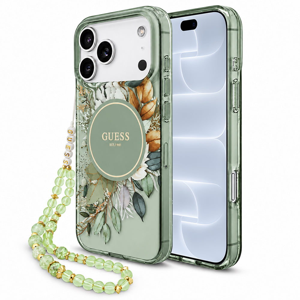 MagSafe-hoesje voor Apple iPhone 18 Pro / 17 Pro, Guess, IML Flowers with Pearl Strap, groen