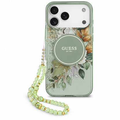 MagSafe-hoesje voor Apple iPhone 18 Pro / 17 Pro, Guess, IML Flowers with Pearl Strap, groen