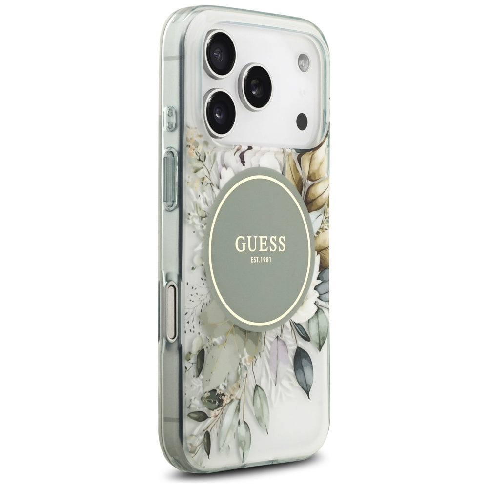 MagSafe-hoesje voor Apple iPhone 18 Pro / 17 Pro, Guess, IML Flowers with Pearl Strap, groen