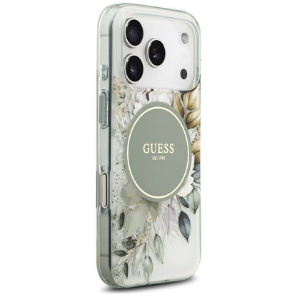 MagSafe-hoesje voor Apple iPhone 18 Pro / 17 Pro, Guess, IML Flowers with Pearl Strap, groen