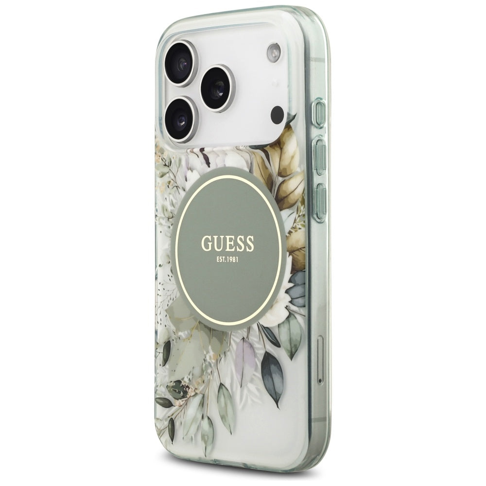 MagSafe-hoesje voor Apple iPhone 18 Pro / 17 Pro, Guess, IML Flowers with Pearl Strap, groen