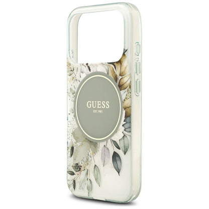 MagSafe-hoesje voor Apple iPhone 18 Pro / 17 Pro, Guess, IML Flowers with Pearl Strap, groen