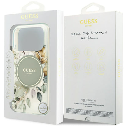 MagSafe-hoesje voor Apple iPhone 18 Pro / 17 Pro, Guess, IML Flowers with Pearl Strap, groen