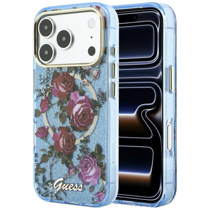 Coque MagSafe pour Apple iPhone 18 Pro / 17 Pro, Guess, IML Glitter Blossom Roses, Bleu