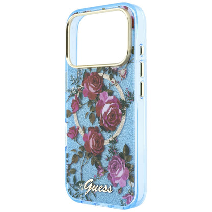Coque MagSafe pour Apple iPhone 18 Pro / 17 Pro, Guess, IML Glitter Blossom Roses, Bleu