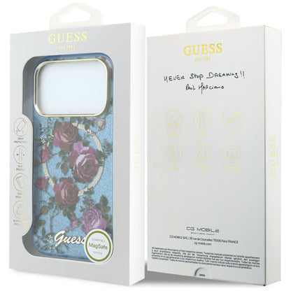 Coque MagSafe pour Apple iPhone 18 Pro / 17 Pro, Guess, IML Glitter Blossom Roses, Bleu