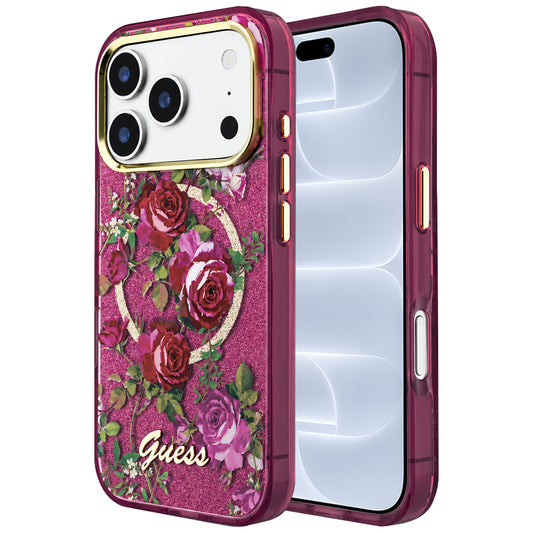 MagSafe-hoes voor Apple iPhone 18 Pro / 17 Pro, Guess, IML Glitter Blossom Roses, Wijnrood