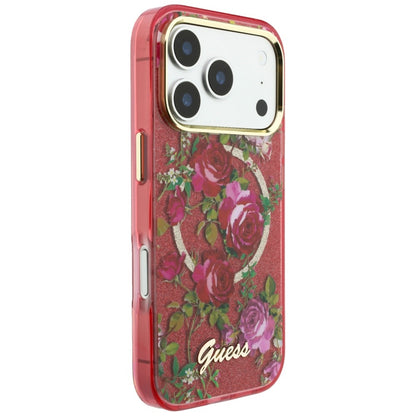 Coque MagSafe pour Apple iPhone 18 Pro / 17 Pro, Guess, IML Glitter Blossom Roses, Cerise