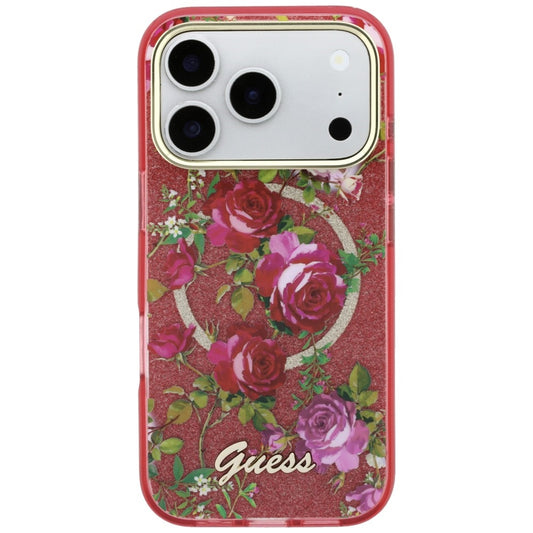 MagSafe-hoes voor Apple iPhone 18 Pro / 17 Pro, Guess, IML Glitter Blossom Roses, Wijnrood