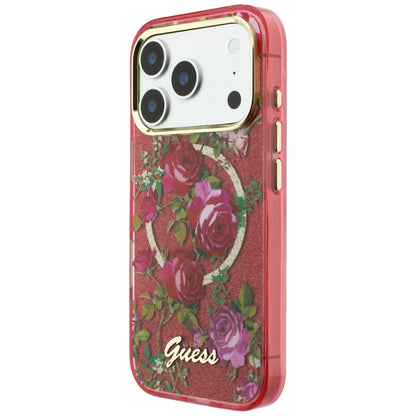 Coque MagSafe pour Apple iPhone 18 Pro / 17 Pro, Guess, IML Glitter Blossom Roses, Cerise