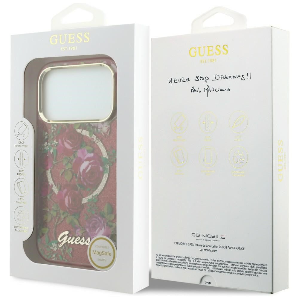 Coque MagSafe pour Apple iPhone 18 Pro / 17 Pro, Guess, IML Glitter Blossom Roses, Cerise
